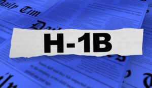 Newspaper as the background with a ripped piece of paper on top that says H-1B