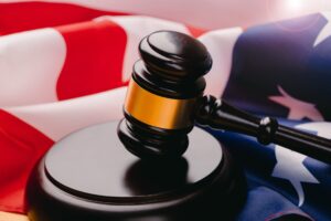 A gavel on top of an American flag