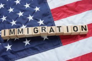 Box letter that say Immigration on top of an American flag