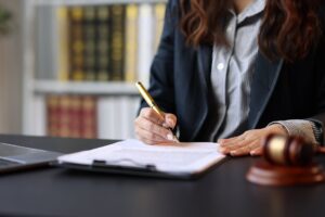 A woman sitting at a desk with a pen in her hand next to a clipboard and gavel