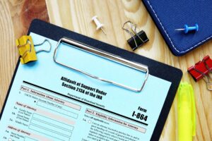 Form I-864 on a table with paper clips and thumbtacks